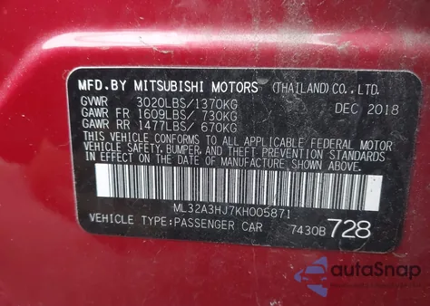 2019 Mitsubishi Mirage Es from USA, damaged, VIN ML32A3HJ7KH005871